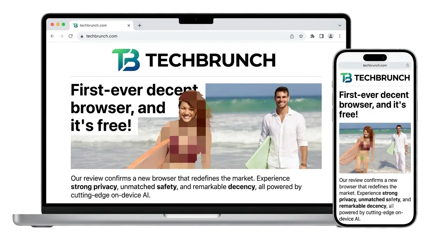 Kahf Browser, the halal AI-powered browser, blurring explicit content on laptop and mobile